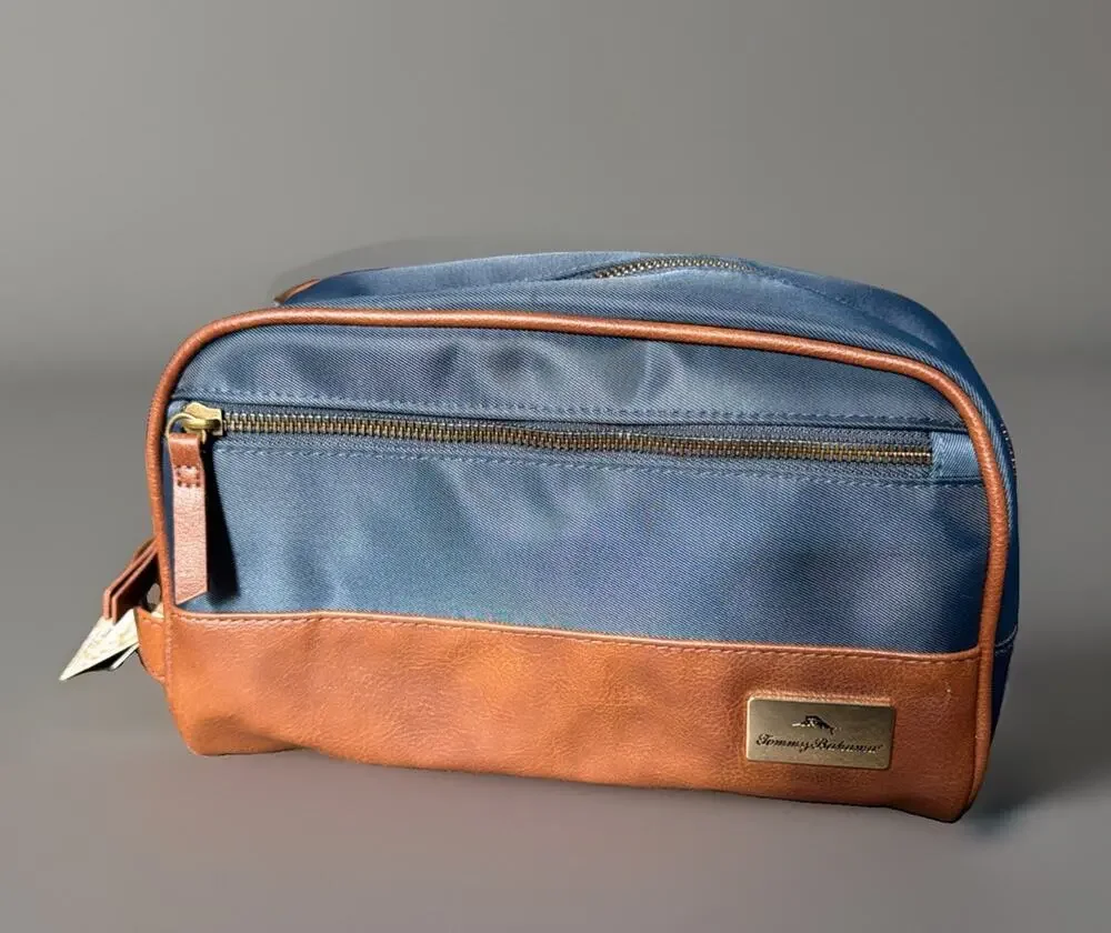 Tommy Bahama Men's Toiletry Bag Travel Dopp kit Faux Leather Navy Blue Brown